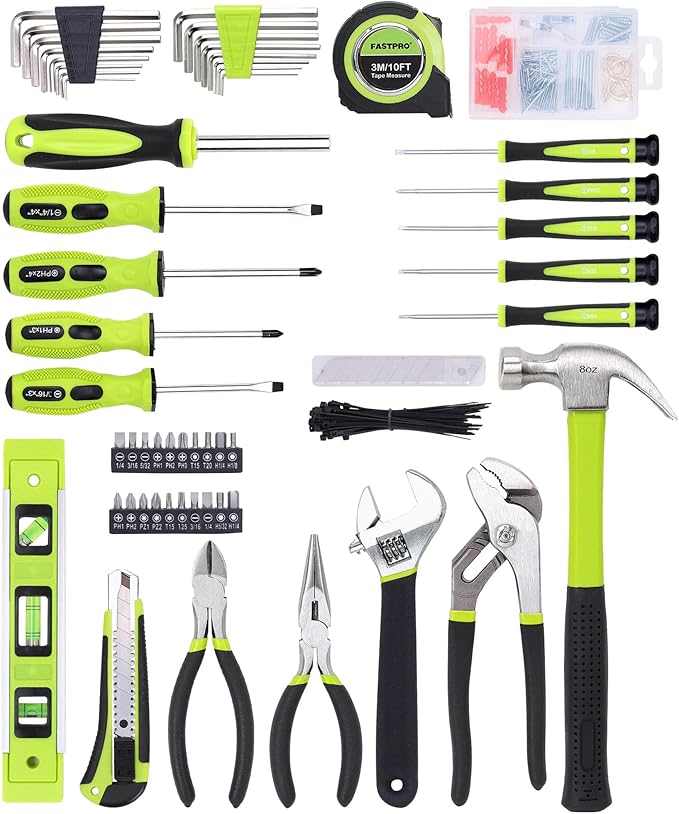 FASTPRO 215-Piece Home Repairing Tool Set with 12-Inch Wide Mouth Open Storage Bag, Household Hand Tool Kit, Green