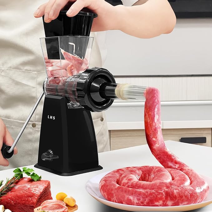 LHS Manual Meat Grinder with Stainless Steel Blades Heavy Duty Powerful Suction Base for Home Use Fast and Effortless for All Meats-Black