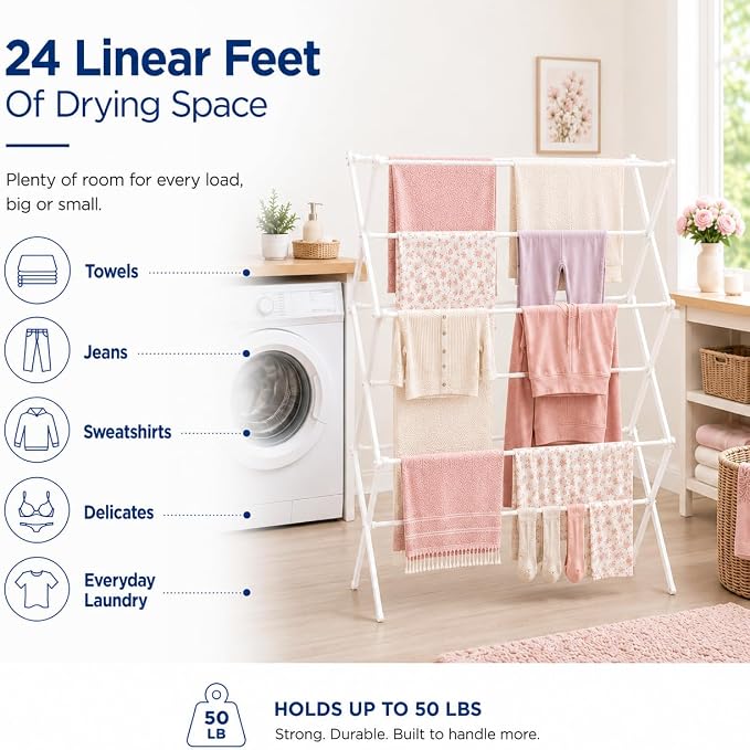 Honey-Can-Do Oversized Clothes Drying Rack, Extra-Wide 35", 50 lb, White | Fits family-size loads of towels, jeans & hoodies; rust-resistant coated steel; folds flat; indoor/outdoor; energy-saving