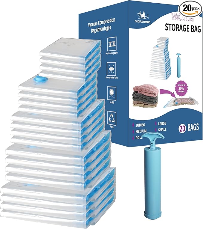Vacuum Storage Bags 20 Pack Hand Pump, 80% Space Saver Vacuum Sealer bags | Plastic Vacuum Seal Compression Bag, Space Saving Reusable for Clothes, Travel, Moving, Packing, Blanket, Comforter, Luggage