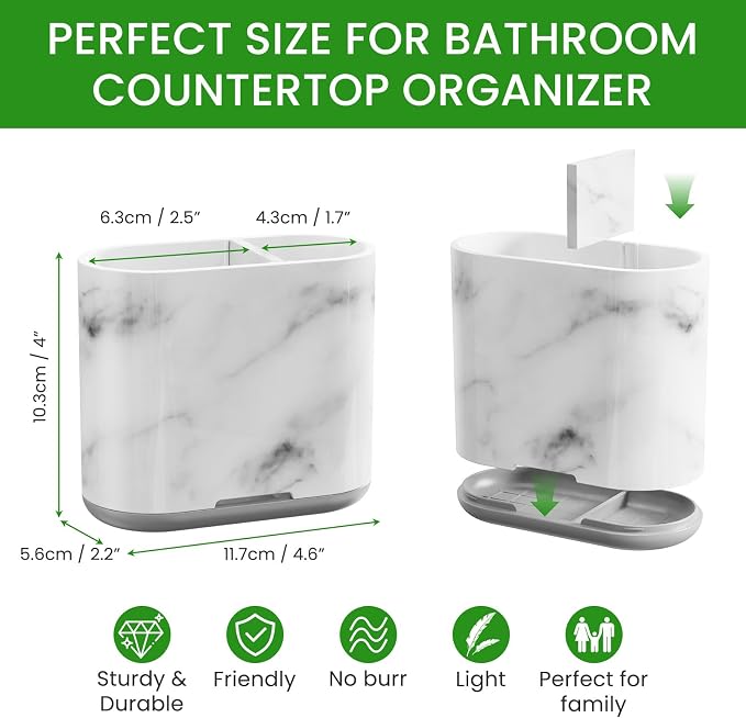 Chintu Toothbrush Holders, 2 Slots Tooth Brush Holder for Bathrooms, Kids Electric Toothbrush and Toothpaste Organizer for Bathroom Countertop Accessories, Shower, Vanity, Storage, Marble/Gray