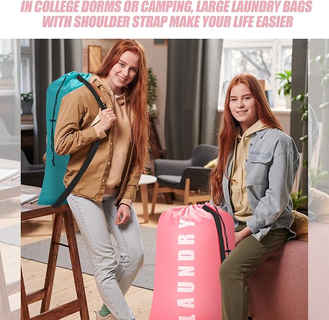 Heavy Duty Laundry Bag with Strap,2 Pack Travel Laundry Bags for Dirty Clothes,24" x 36" Large Laundry Bag for Traveling,Camping,Dorm (Cyan + Pink)