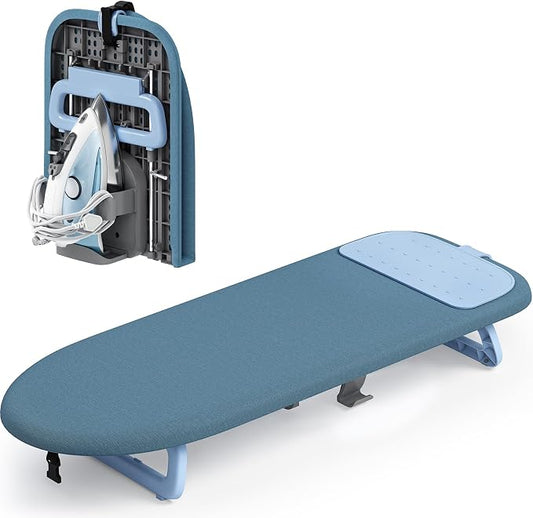 KINGBOARD Small Ironing Board with Iron Holder,Space Saving 12x32 Blue | Tabletop Ironing Board with Heat Resistant Cover, Foldable Mini Iron Board with Non-Slip Feet, Easy Storage for Travel & Dorm