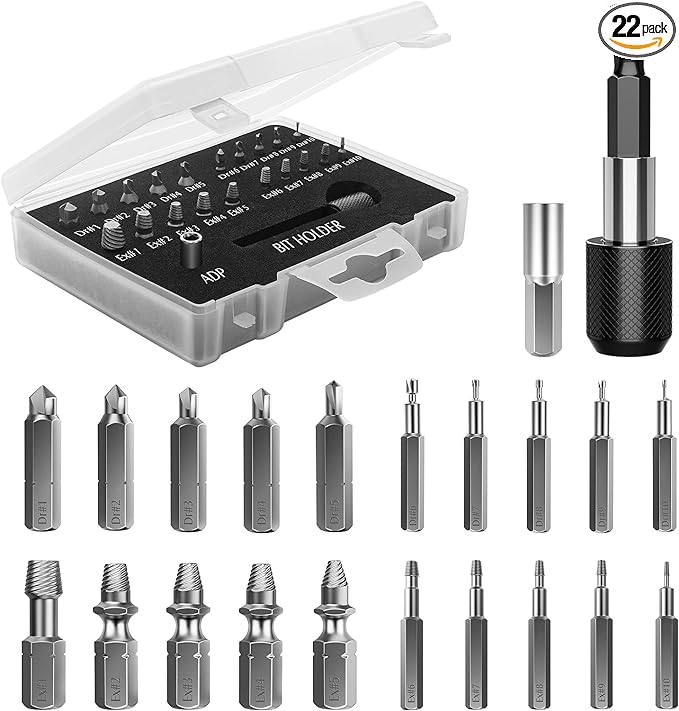Nuovoware Damaged Screw Extractor Set, 22 PCS Stripped Screw Extractor Kit | All-purpose HSS Broken Screw Remover Set with Magnetic Extension Bit Holder & Socket Adapter, Black