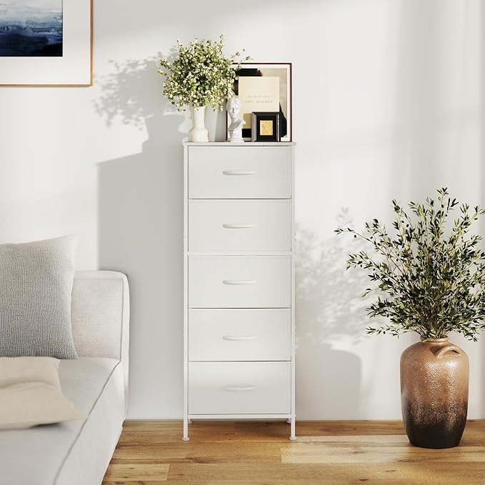 Sweetcrispy White Storage Drawer Bedroom Dresser, Tall Dresser for Closet | Chest of 5 Drawers for Home Storage with Fabric Bins, Narrow Nightstand, Durable Clothes Oragnizer