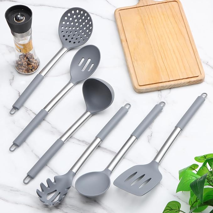 Silicone Kitchen Utensils Set - Culinary Couture 6-Pieces Grey Silicone Cooking Utensils Set for Nonstick Cookware - Stainless Steel Handle