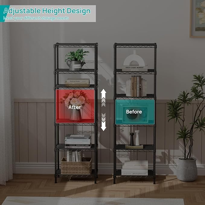 SINGAYE Metal Shelves Wire Shelving Storage Standing Adjustable Shelf Unit | 6 Tier Mesh Units Shelf for Kitchen Laundry Bathroom Closet Organizers Pantry Narrow Home Rack 10" D x 16" W x 63" H Black