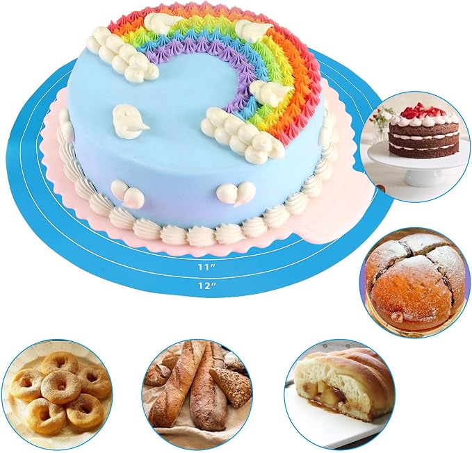 2Pcs 12 Inch Round Silicone Cake Mat with Measurements, Non-Stick Baking Mat for Cake Turntable, Dough Rolling, Cookies & Pizza, Heat Resistant Reusable Pastry Pad(Blue+Pink)