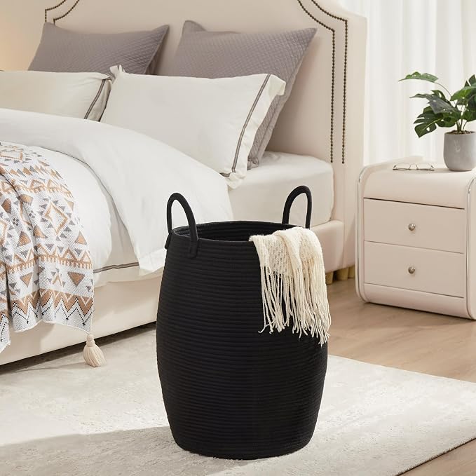Large Laundry Hamper Basket 65L Woven Blanket Basket, Black | Tall Clothes Hamper, Rope Wicker Laundry Basket, Storage Basket for Toys, Dirty Cothes in Bedroom, Living Room Organizer