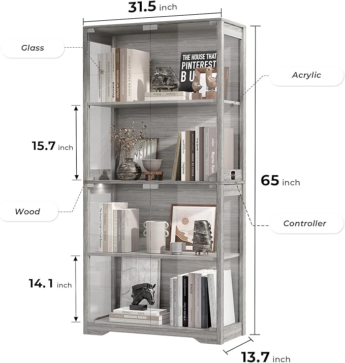 BROTTAR Display Cabinet with Glass Doors, 4-Tier Display Case, Gray | Curio Cabinet with 3 Color Lights for Collectibles, Storage Cabinets with Human Body Sensor