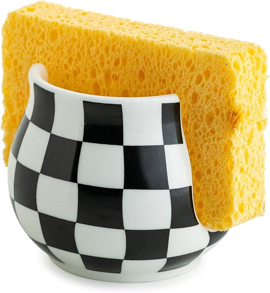 Zoeeker Checkered Sponge Holder for Kitchen Sink, Ceramic Dish Sponge Dish Rack Scrubby Holder Kitchen Organizer Cute Sink Caddy Organizer, Farmhouse Decor, Black and White