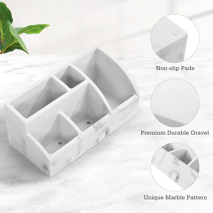 Luxspire Bathroom Counter Organizer, 5 Slots, Gravel White | Toothbrush Holder for Bathroom, Marble Bathroom Accessories for Toothbrush Toothpaste