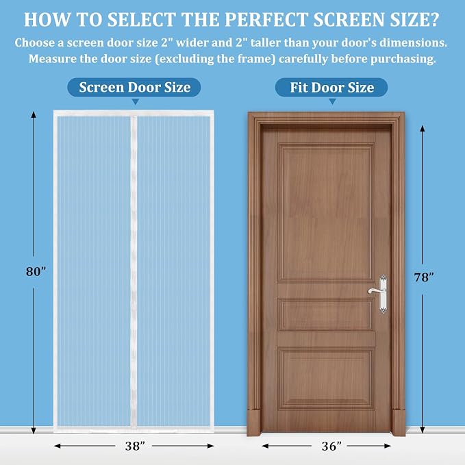 Magnetic Screen Door - Self Sealing, Heavy Duty, Hands Free Mesh Partition Keeps Bugs Out Let Breeze in- Pet and Kid Friendly - Keep Open Feature (White, Fit Door Size 36 x 78 Inch)