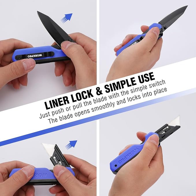 WORKPRO 2-in-1 Folding Knife/Utility Knife, Wood Handle, Blue G10 Handle | Quick-Change Box Cutter, Liner Lock, Belt Clip, 10 SK5 Blades, Carton Cutting, Camping, Hiking, Outdoor, DIY Projects