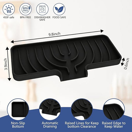 Silicone Sponge Holder for Kitchen Sink With Drain Spout, Self Draining, Kitchen Soap Tray, Bathroom Organizer, Sink Caddy (Black, 10×4)