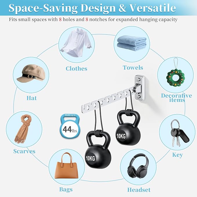 Alise Clothes Drying Rack Wall Mounted,Folding Coat Hanger,Polished Chrome | Hanger Rack Clothes Hook Closet Storage Organizer,Swivel Space Saving Clothes Hanger Rack for Bedroom Bathroom Laundry
