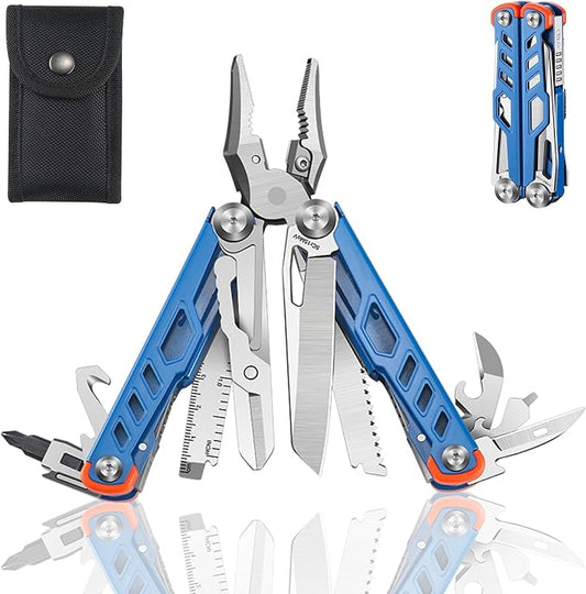 19 in 1 Multitool Pliers with Scissors, Stainless Steel Multi Tool with File,Saw, Screwdrivers,Wire Cutters, Bottle Opener for Survival, Camping, Hiking,Repair and Gift (Blue)