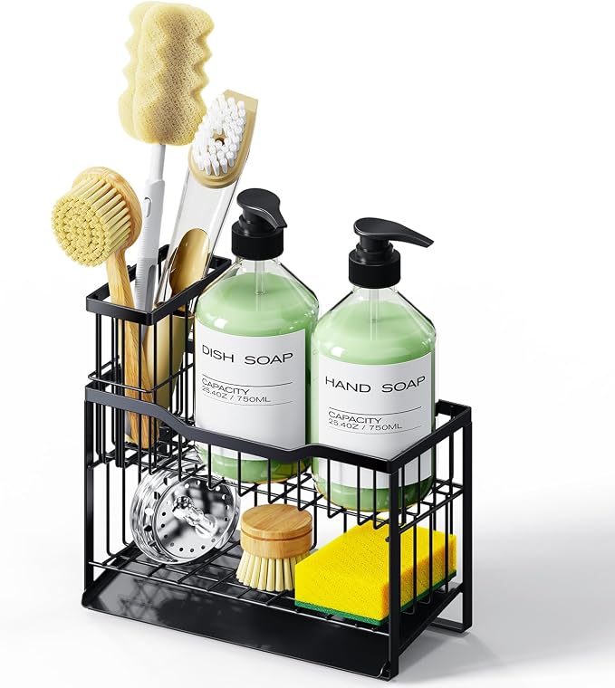 2-Tier Rustproof Sponge Holder for Kitchen Sink, Black | Self-Draining Sink Caddy, Non-Slip Base, Removable Brush Holder, Space-Saving Countertop Organizer, Fits Most Kitchen Sinks