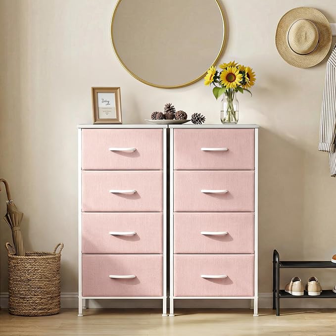 Sweetcrispy Dresser for Bedroom, 4 Drawer Storage Cabinet, Tall Nightstand | Small Fabric Dresser for Closet, Chest of Drawers, Closet Organizer, Home Furniture, Sturdy Frame, Pink