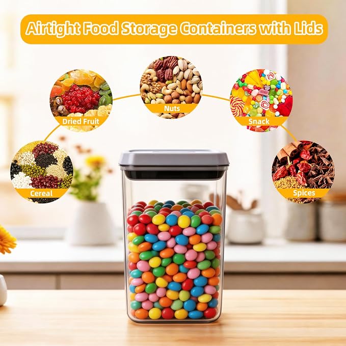 Pop Push Button Airtight Food Storage Containers 3 Pack (1.8Qt) | BPA-Free Stackable Rectangular Canisters for Coffee Beans, Snacks, Cereal, Grains, Dry Food