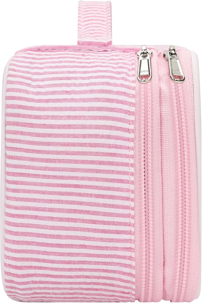 Relavel Pink Makeup Bag, Dual-Layer Cute Travel Cosmetic Bag with Make Up Brush Compartment, Multi-Functional Small Toiletry Organizer, Preppy Accessories for Daily Use, Pink Strip