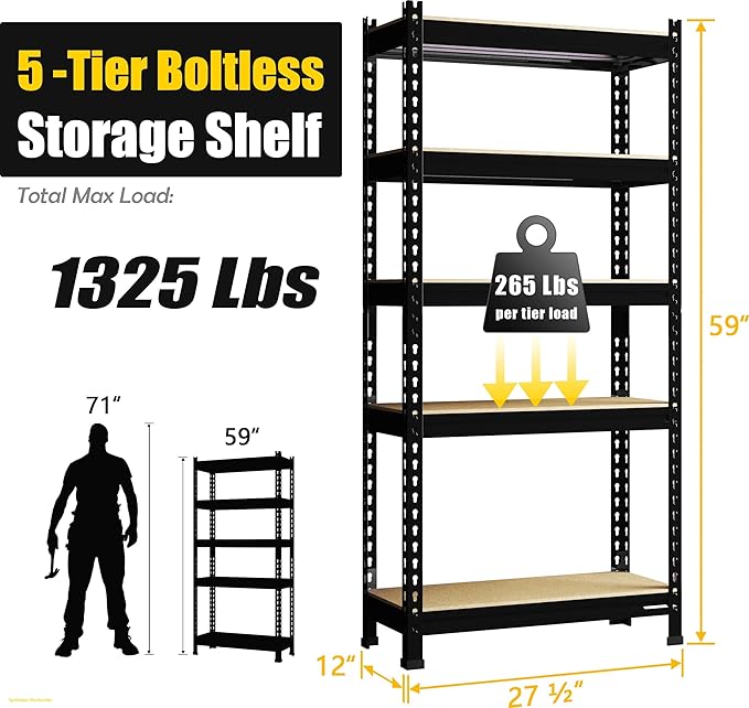PrimeZone Storage Shelves 5 Tier Adjustable Garage Storage Shelving, Heavy Duty Metal Storage Utility Rack Organizer Shelf Unit for Warehouse Pantry Closet Kitchen Basement, 28" x 12" x 59", Black