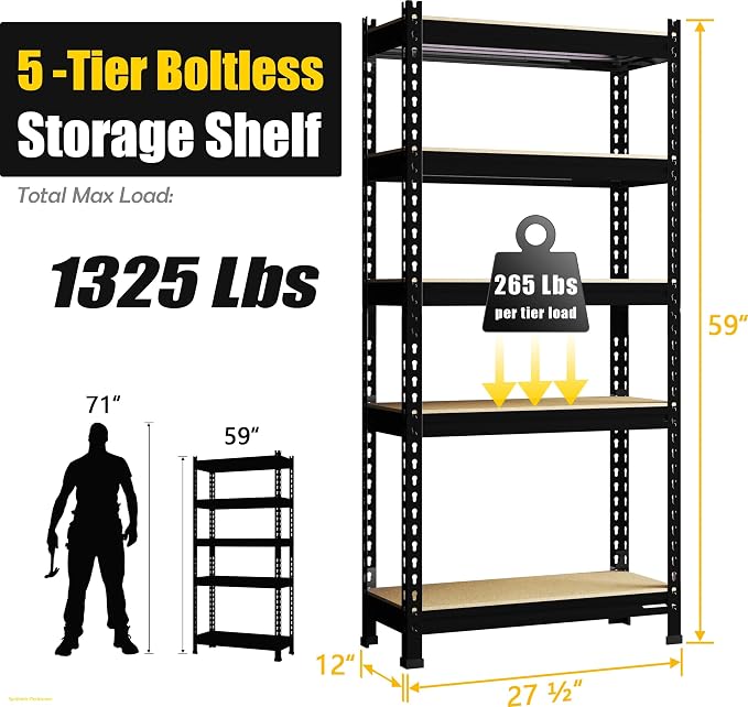 PrimeZone Storage Shelves 4 Pack 5 Tier Adjustable Garage Storage Shelving, Heavy Duty Metal Storage Utility Rack Organizer Shelf Unit for Warehouse Pantry Closet Kitchen Basement, Black