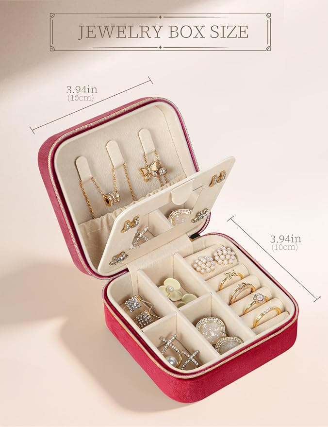 MFXIP Plush Velvet Travel Jewelry Case Small Jewelry Box Jewelry Organizer Storage Case Portable Jewelry Travel Case for Girls Womens Earring, Necklace, Rings,Bracelets with Mirror