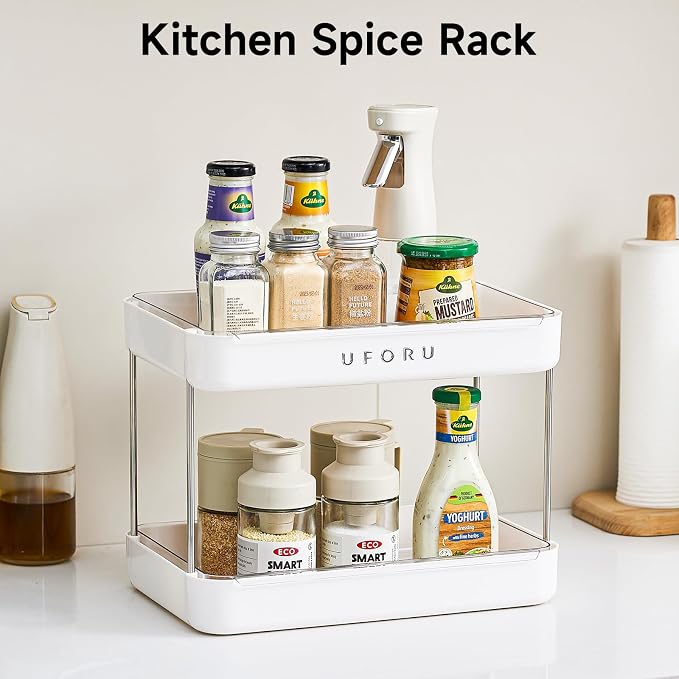 UFORU Countertop Coffee Station Organizer,Cup Rack,Mug & Wine Glass Holder | 2-Tier White Mug Shelf With Removable Drain Tray,Bathroom Countertop Organizer,Spice Rack for Kitchen