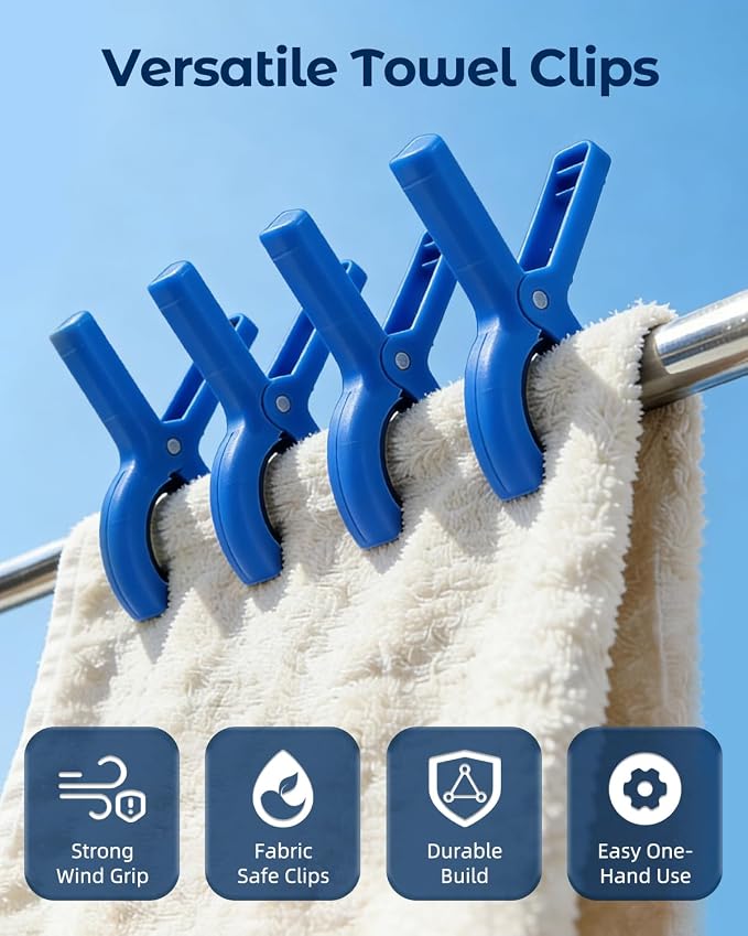 10 Pack Beach Towel Clips Heavy Duty Large Beach Essentials Chair Pool Clip | Deep Blue Clips with Strong Grip, Silicone Protection, Rust Resistant Spring, Multi-Use for Beach, Boat, Cruise & Outdoors