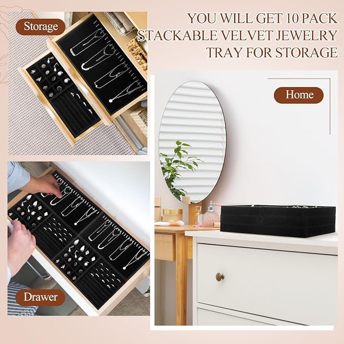 Cinnvoice Set of 10 Stackable Jewelry Organizer Trays for Drawer 14 Inch Velvet Jewelry Drawer Insert Display Storage with Removable Divider for Necklace Earring Ring Watch Bracelet (Black)
