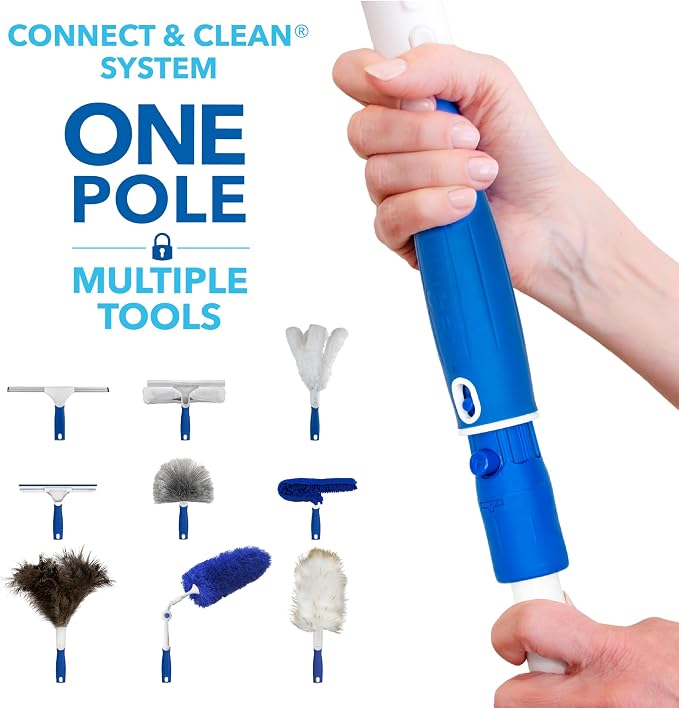 Unger Connect and Clean Microfiber Duster with Pivoting Handle & 4' Steel Telescopic Pole, High-Access Dusting and Cleaning, Dusting Tools, Cleaner Tool for Windows, TVs, Moldings, Cabinets