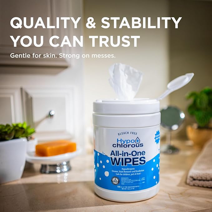Hypochlorous Acid Wipes – 100 Count Non-Toxic Cleaner for Skin, Baby, Pet, Home & Gym – Bleach-Free