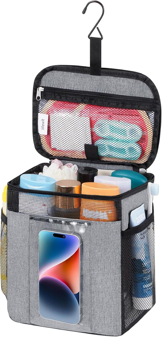 Lifewit Mesh Shower Caddy Bag Portable, Quick Dry Hanging Bathroom Organizer with PVC Phone Bag, College Dorm Room Essentials for Travel, Gym, Camping, Toiletry Tote for Women Men, Medium, Grey
