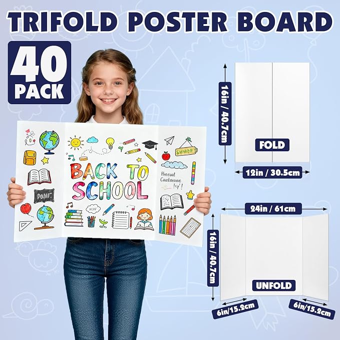40 Pack Trifold Poster Board, 16in x 24in Corrugated Project Board, White Presentation Board, Trifold Display Board for School Project, Business Presentation, Science Fairs, Event Display