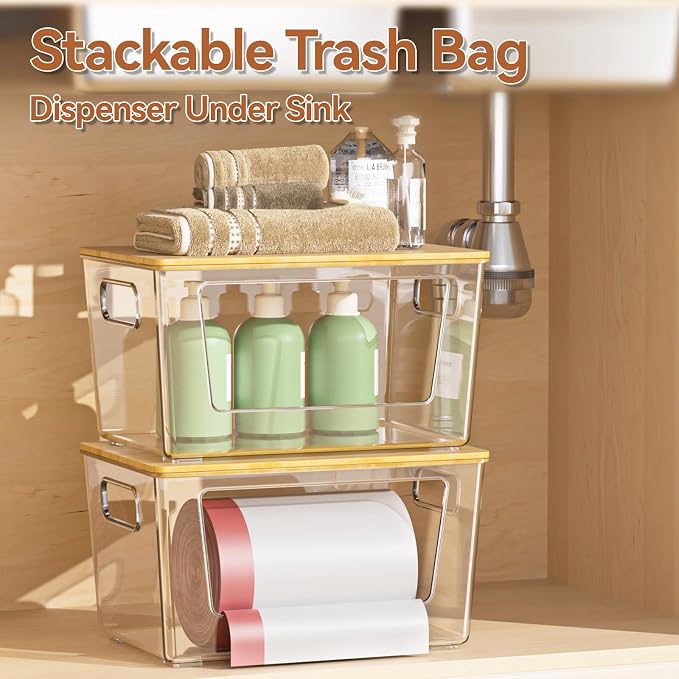 spospo 2 Pack Trash Bag Holder with Bamboo Lid, Stackable Trashbag Dispenser, Extra Large Garbage Bag Holder for Kitchen Laundry Room Under Sink Organization and Storage