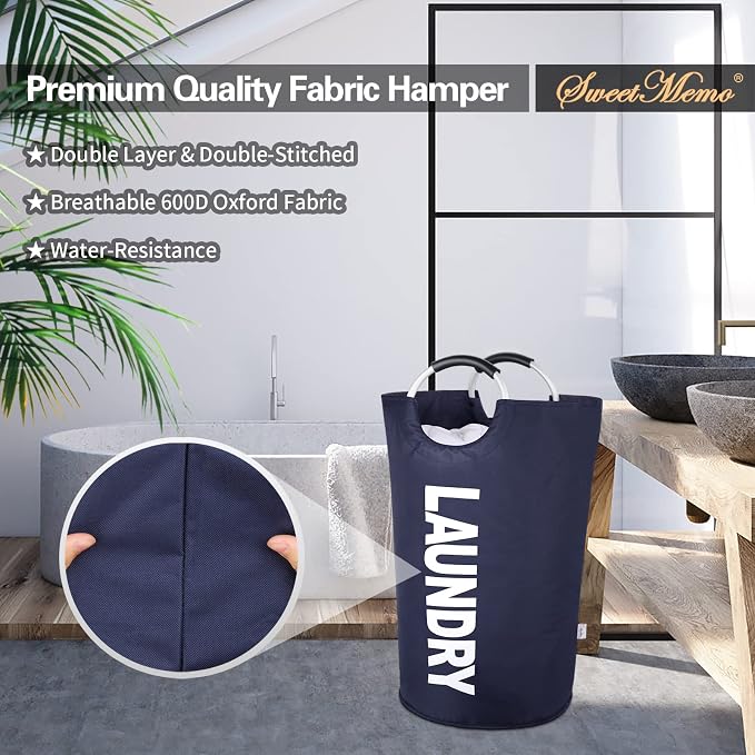 Extra Large Laundry Basket, Big Laundry Hamper Bag, Handles, 130L Navy Blue | Freestanding Tall Dirty Clothes Hamper, Collapsible and Portable Laundry Bin for Dorms and Bedrooms, Thick, Sturdy Fabric