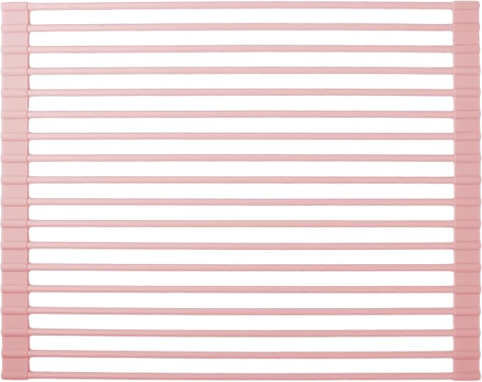 Roll up Dish Drying Rack Over the Sink, Silicone Wrapped Stainless Steel, 17" x 13", Pink, Heat Resistant, Foldable
