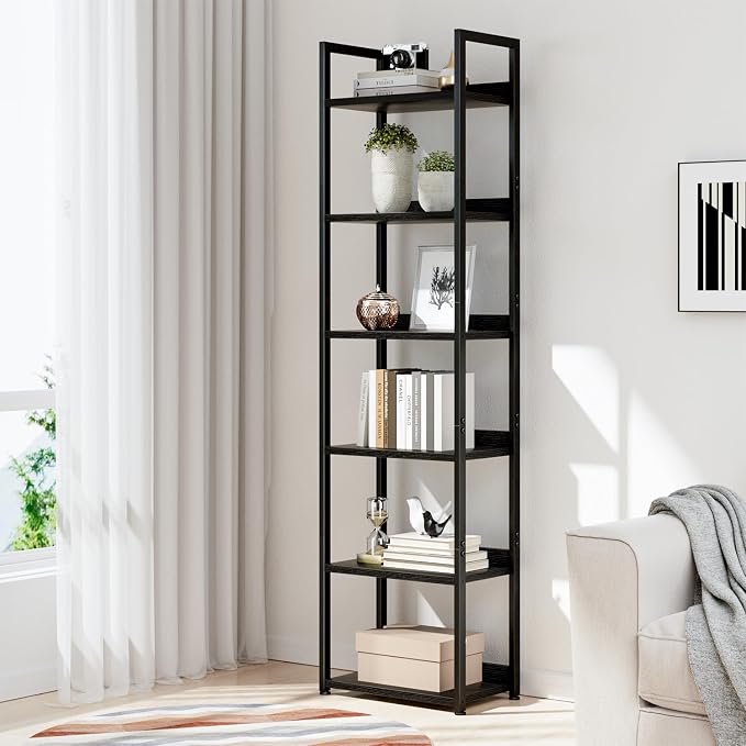 NUMENN Narrow Bookshelf, 6 Tier Freestanding Shelving Unit, Black | Metal Frame & Wood Shelves, Falling Prevention Baffle, Open Storage Bookcase for Bedroom, Living Room & Home Office
