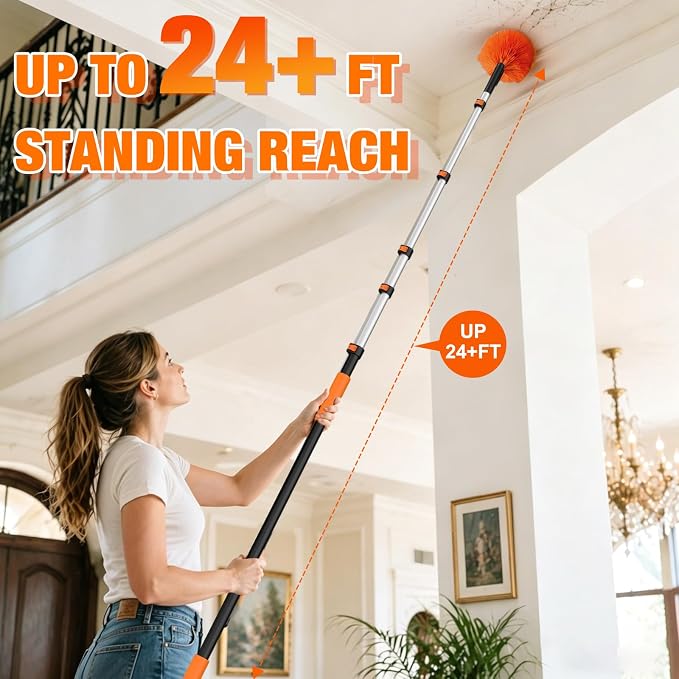 LAANPOLE 24FT Cobweb Duster with Extension Pole, Spider Web Brush for Cleaning Extendable, Professional Ceiling and Corner Dusters for Outdoor Indoor Use