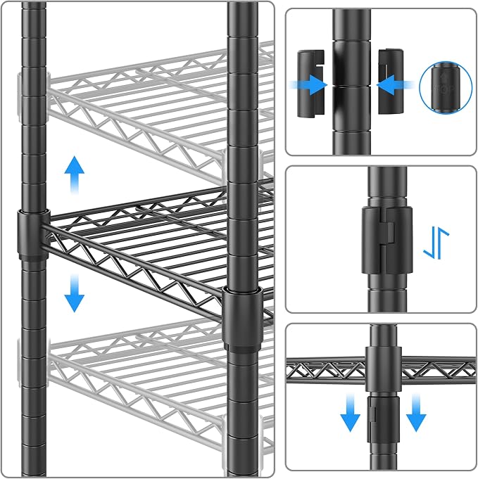 Homdox 5 Tier Wire Shelving Unit on Wheels, Adjustable Storage Racks and Shelving, Heavy Duty Rolling Metal Shelves with Side Hooks for Laundry Bathroom Kitchen Garage Pantry Organization, Black
