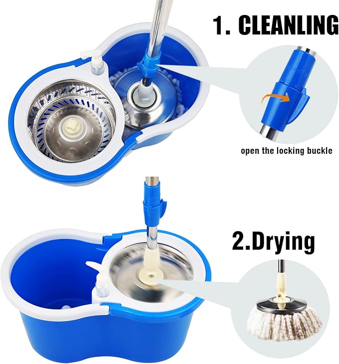 Spin Mop Bucket 360° with Wringer Set, Stainless Steel Mop System, 3 Absorbent Microfiber Mop Head Eefills, for Household Kitchen Floor Cleaning