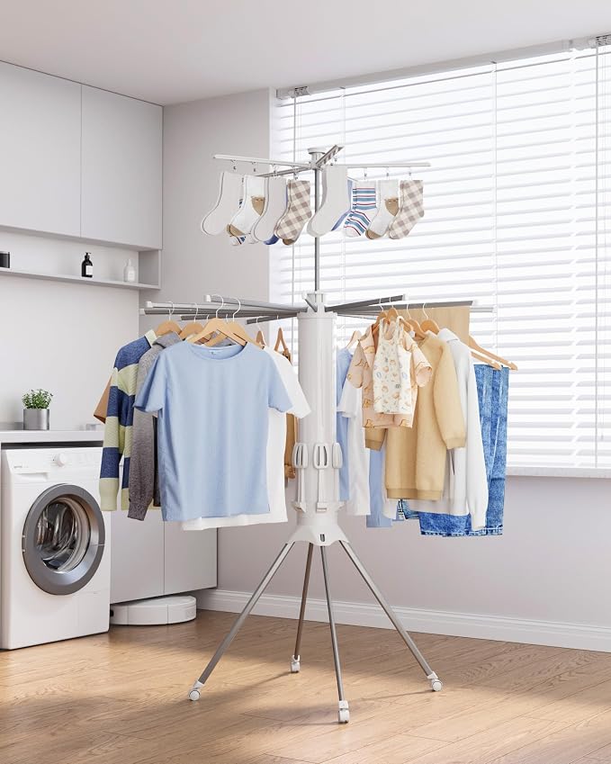 Sakugi Foldable Clothes Drying Rack with 12 Steel Arms, Clips & Shoe Holder | Laundry Room, Bedroom, Outdoor & Indoor Use, Collapsible, Reinforced Frame, 4 Leg Stable Base, White, 44"D x 44"W x 71"H