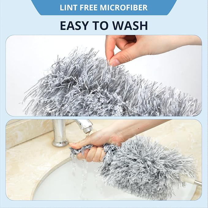ZZ LAZYCOTTAGE Duster with Extension Pole & Flexible Head, Gray Feather Duster, Long Ddusters for Cleaning for High Ceilings, Walls, Fans, Cobweb and Furniture