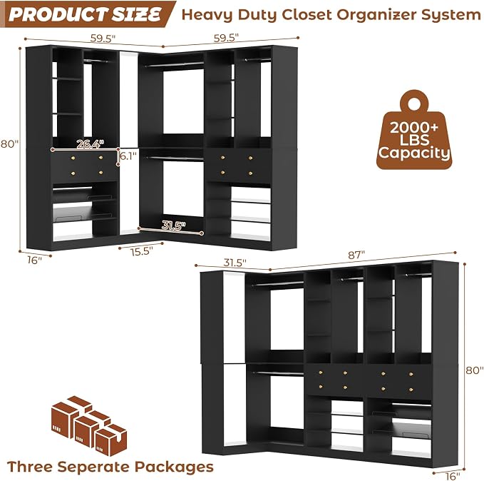Besiost Closet System with 4 Drawers and Hanging Rods, 59.5"L / 87"L Closet Organizer System with Corner Tower, L Shaped Walk-in Closet System, Corner Closet System with Shelves, Set of 3, Black