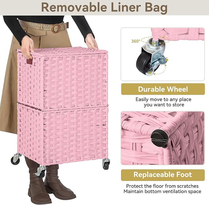 Chrislley Wicker Laundry Basket with Wheels,Rolling Laundry Hamper with Lid | 90L Slim Clothes Hamper with Wheels & Removable Liner Bag, Handwoven Rattan Laundry Organizer for Bedroom, Bathroom, Pink