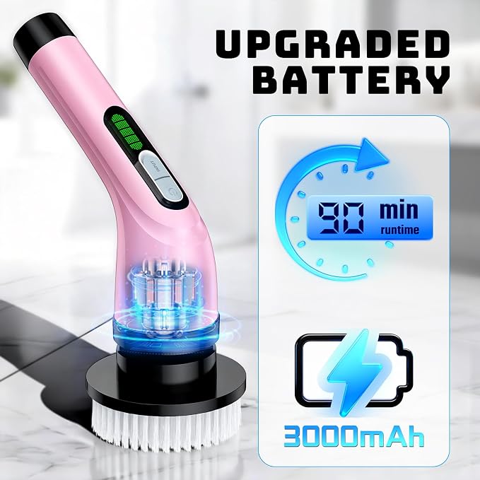 Electric Spin Scrubber, 2-Speed Cleaning Brush, Extendable Handle (Pink) | Includes 7 reusable brush heads and an IPX7-rated design for cleaning bathrooms, showers, kitchens, tile, floors, and grout