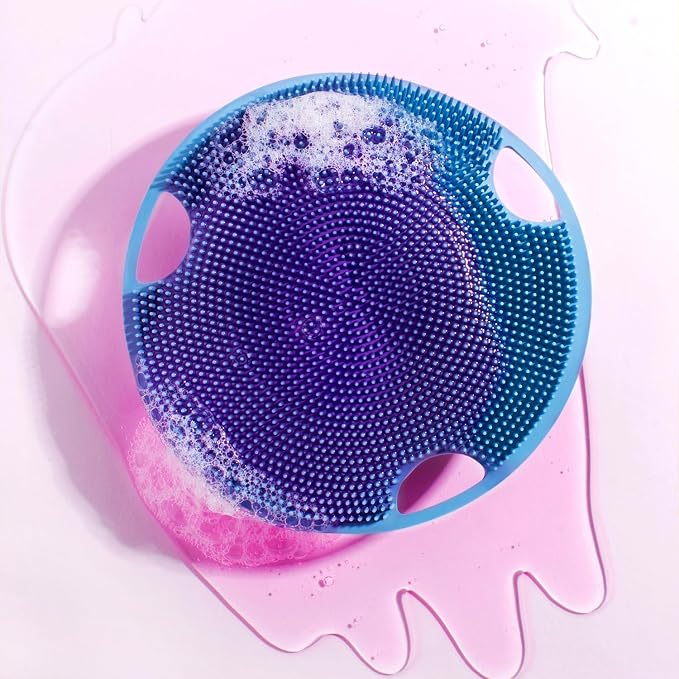 Boie USA Flat Body Scrubber - Soft Silicone-Like Exfoliating Shower Scrubber & Body Cleansing Brush - Stick-to-Wall Loofah Replacement - Antimicrobial Body Exfoliator for All Skin Types (Pink)