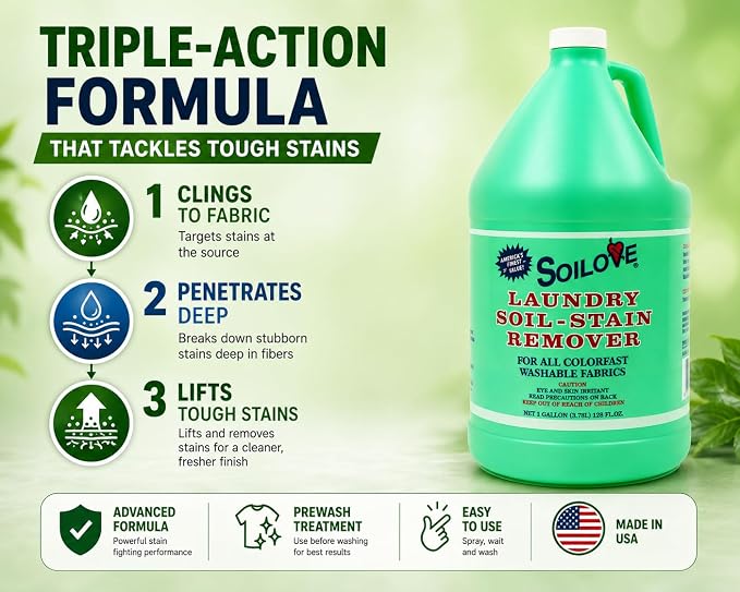 Soilove Stain Remover for Clothes, 128 oz Triple-Acting Laundry Prewash, Clings, Penetrates & Lifts Tough Stains Including Blood, Grease, Grass, Food, Coffee & Wine