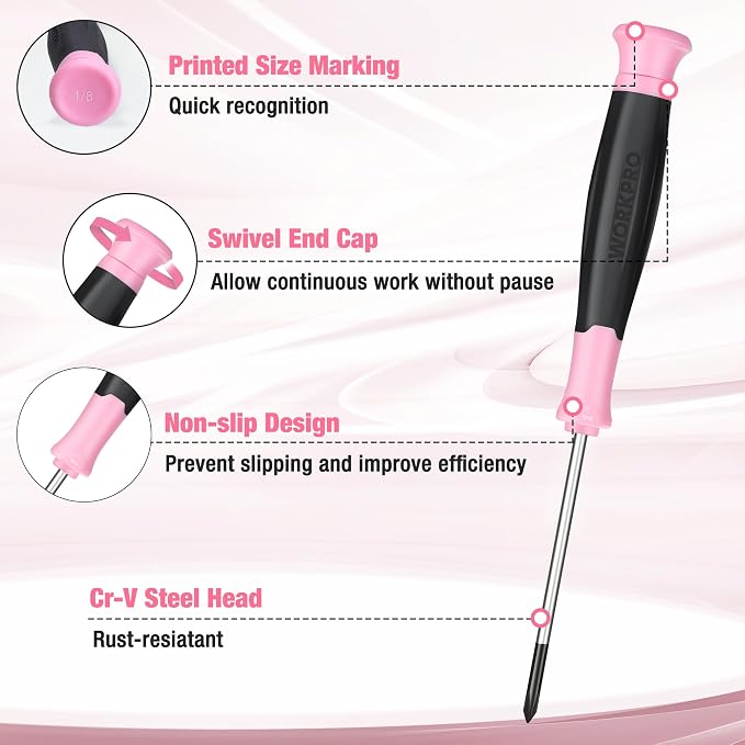 WORKPRO 10-Piece Precision Screwdriver Set with Pink Pouch- Pink Ribbon | Small Screwdriver Repair Kit with Phillips, Slotted, Torx Star, Magnetic Tip for Eyeglass, Watch, Computer, Laptop and Phone